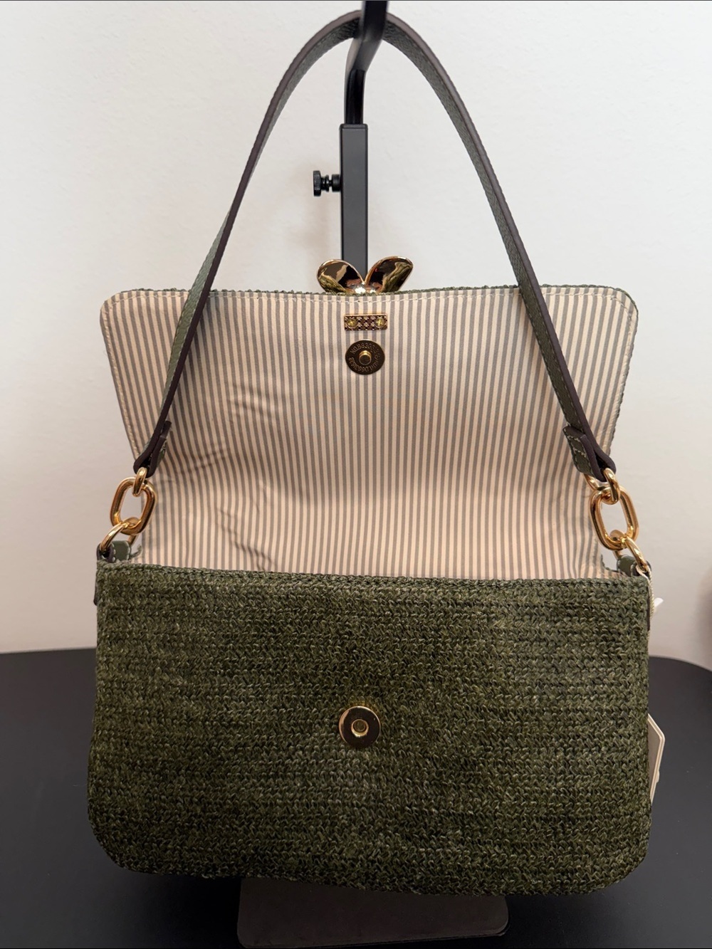 Nanette Lepore | Olive Green Straw Shoulder Bag w/ Flower Accent - Picture 10 of 12